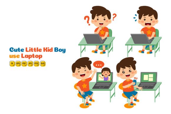 Cute Little Kid Boy Use Laptop Vector 01