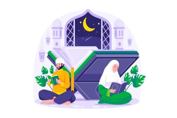 Muslim Couple Reading Quran Illustration Graphics